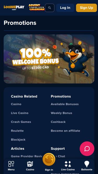 LooniePlay Casino promotions mobile page
