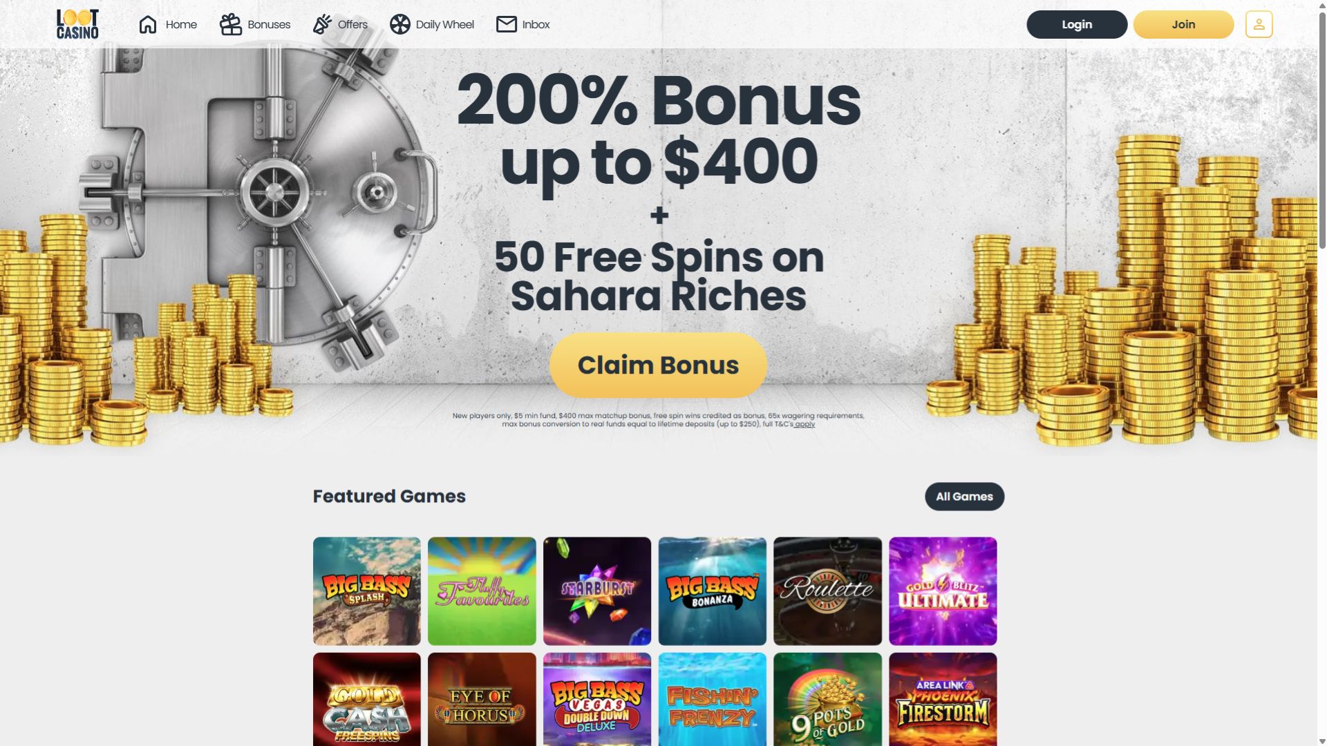 Главная страница Loot Casino для настольных компьютеров