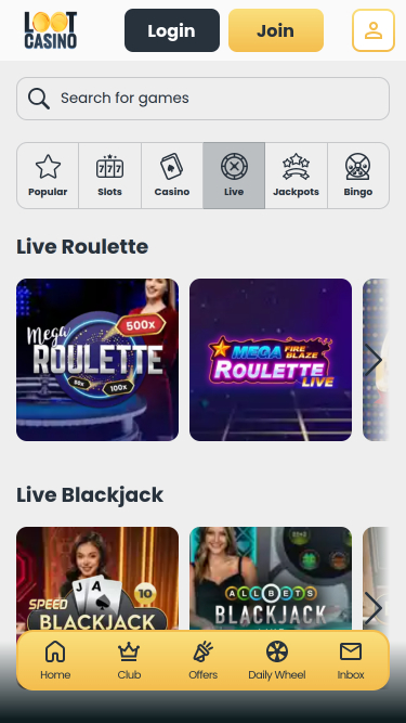 Casino mobile Loot avec croupier en direct