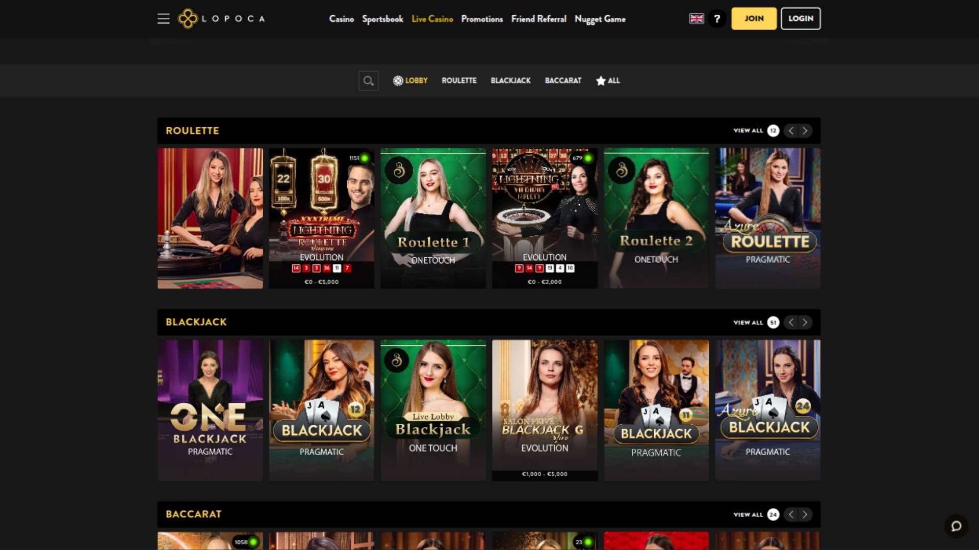 Screenshot della pagina live di Lopoca Casino