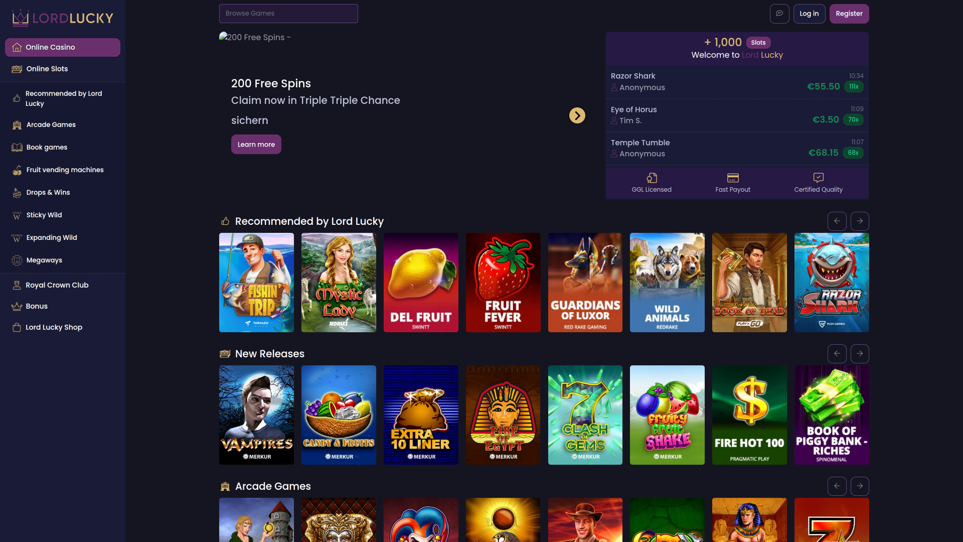 Lord Lucky Casino Desktop Homepage