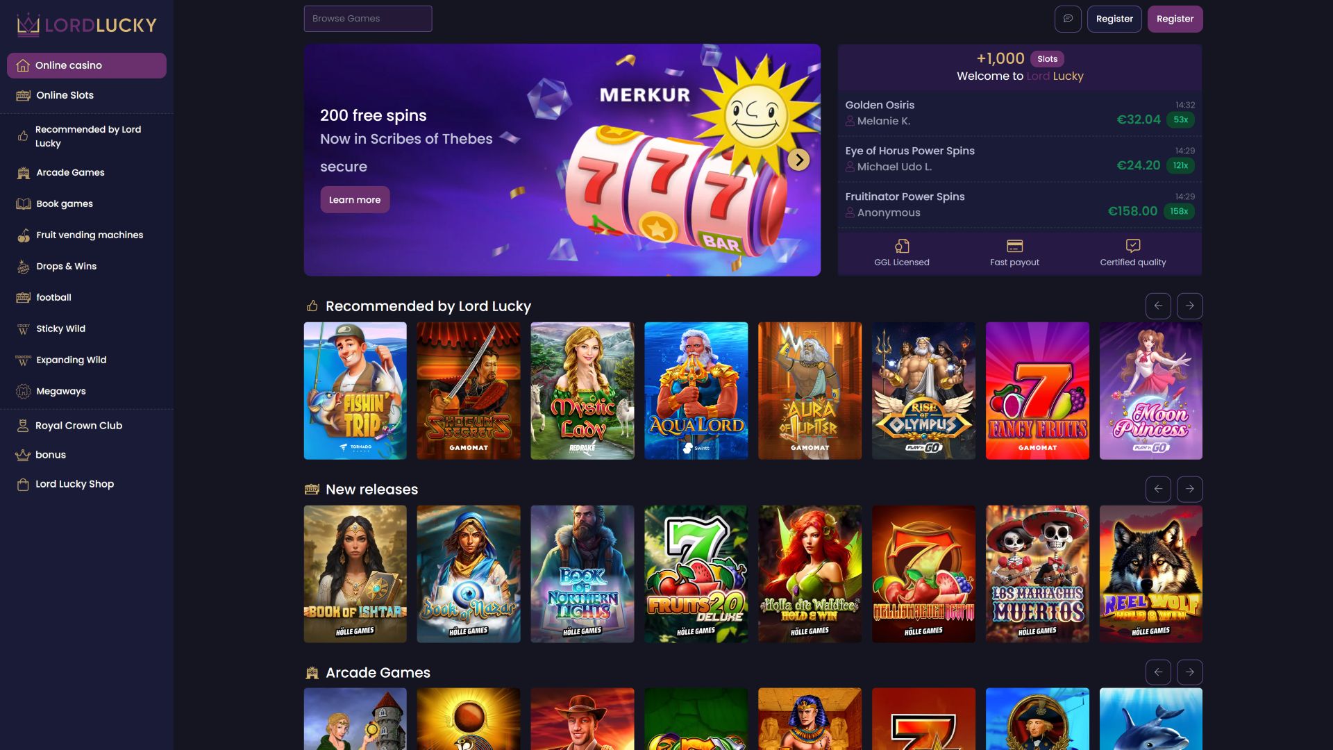Homepage desktop di Lord Lucky Casino