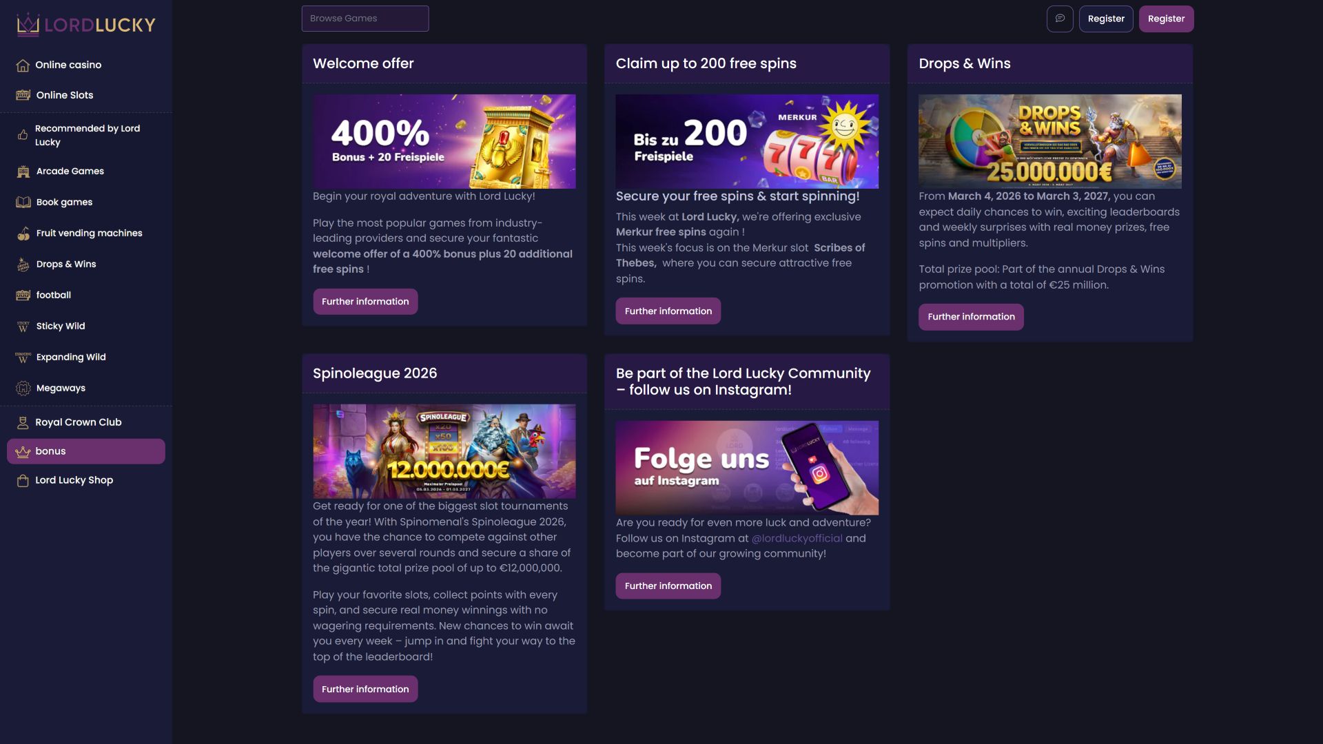 Promozioni desktop di Lord Lucky Casino