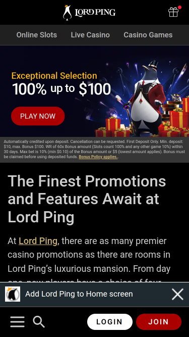 Promociones móviles del casino Lord Ping