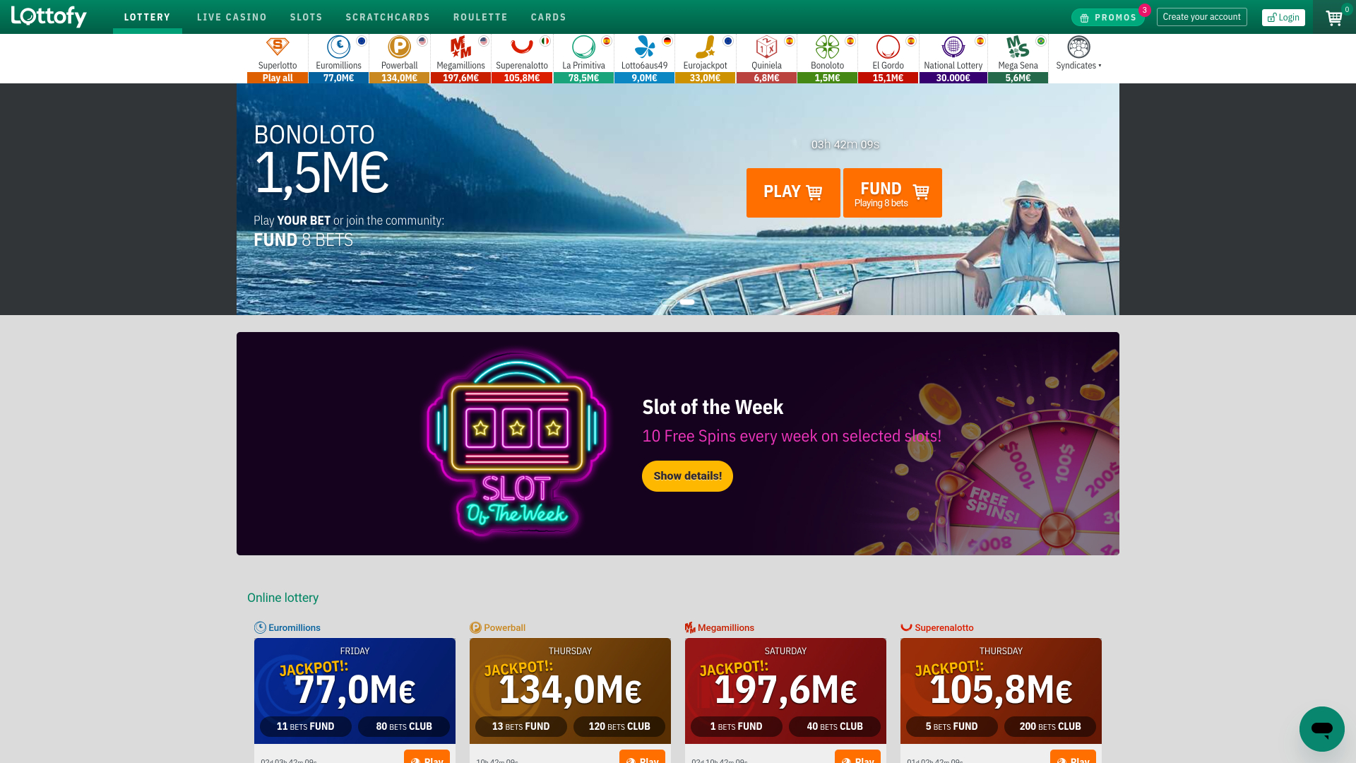 Page d'accueil du casino Lottofy pour ordinateur