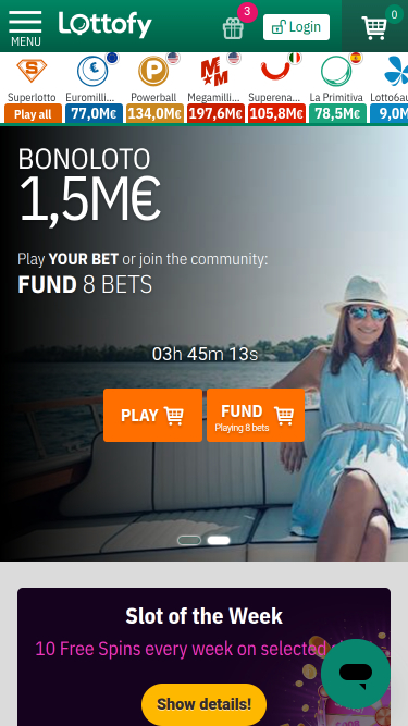 Page d'accueil mobile du casino Lottofy