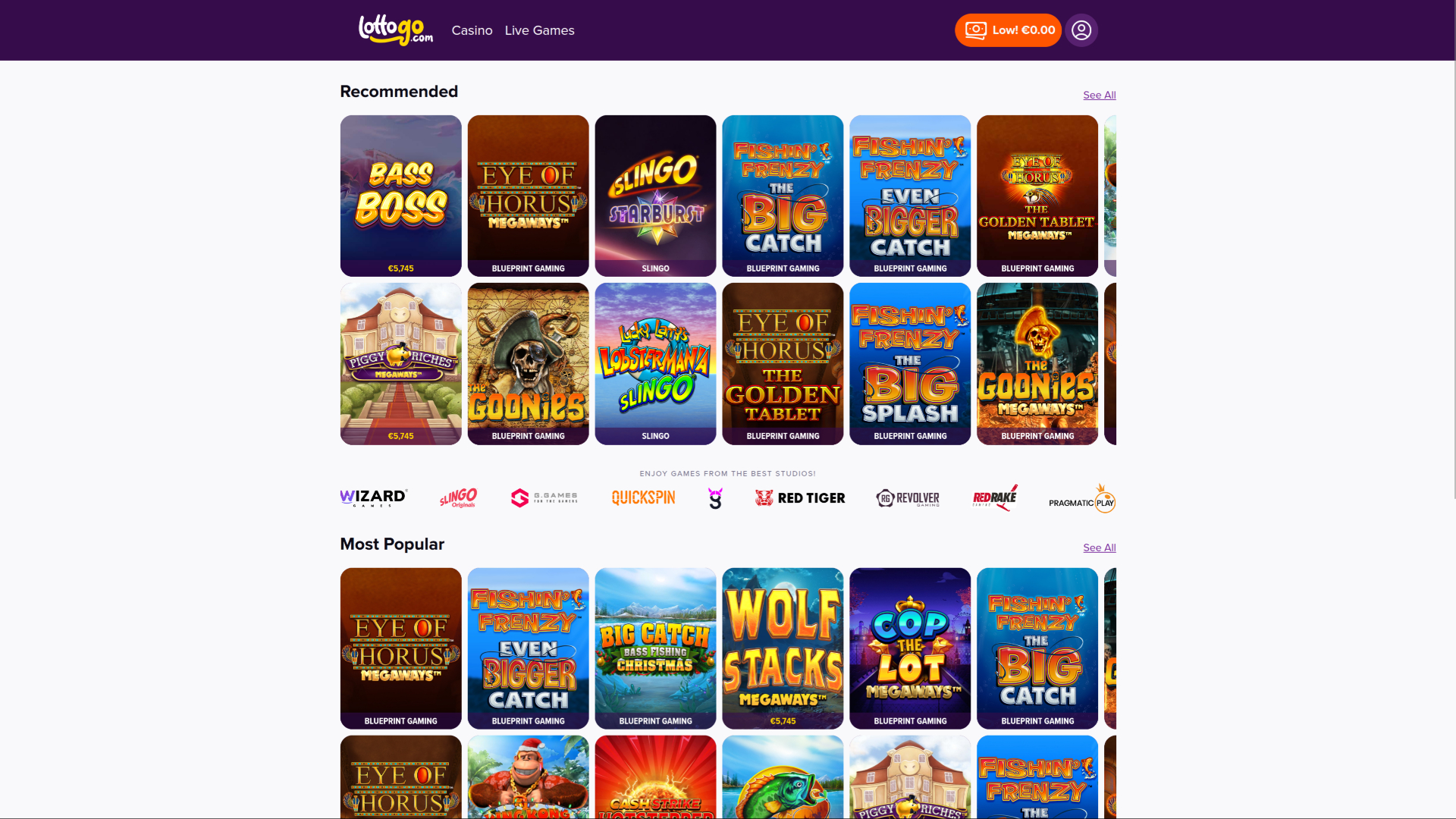 Página de inicio de escritorio de LottoGo Casino