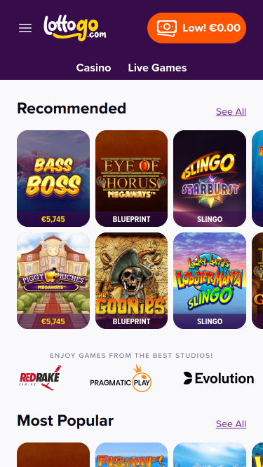 Página de inicio móvil de LottoGo Casino