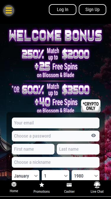 Page d'accueil mobile du casino Lotus Asia