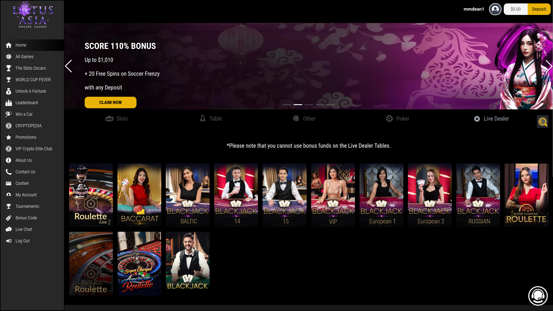 Casino Lotus Asia sur ordinateur avec croupier en direct