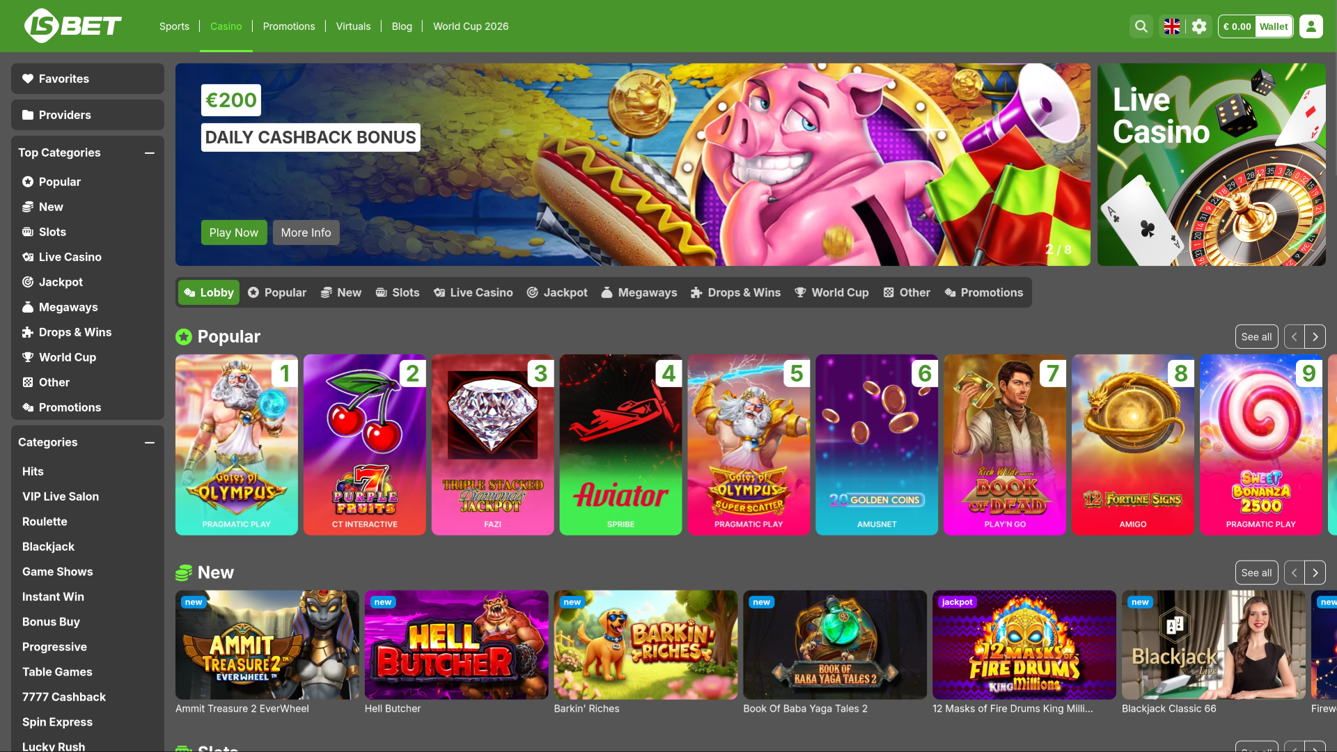 Page d'accueil du casino LSbet pour ordinateur