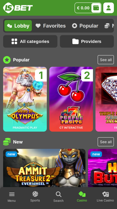 Page d'accueil mobile du casino LSbet
