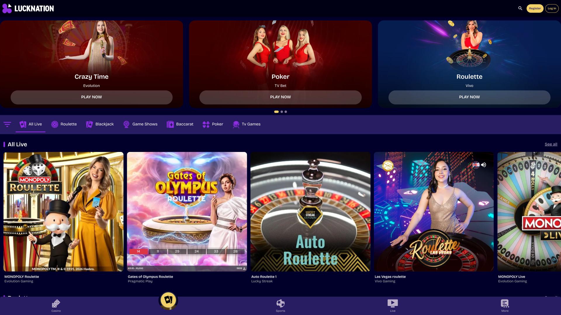 Страница с живыми дилерами в казино Luck Nation
