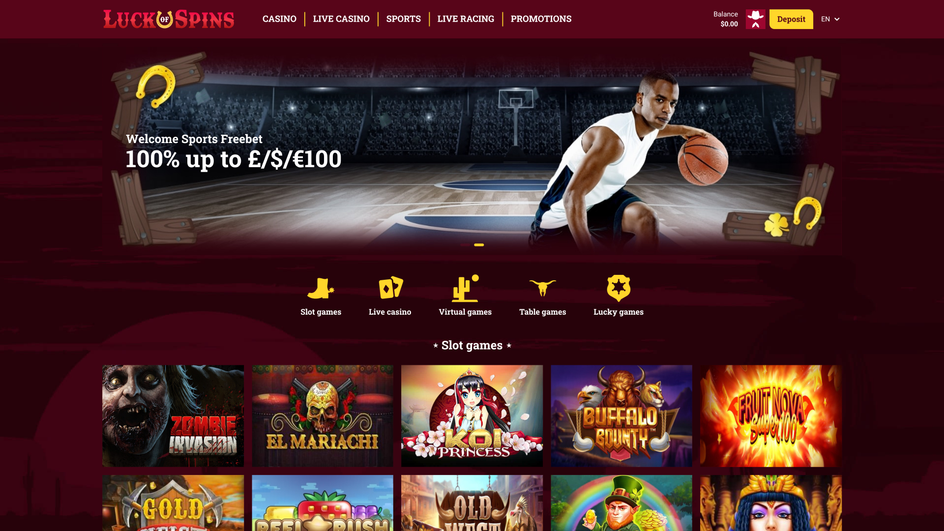 Page d'accueil du casino Luck Of Spins pour ordinateur