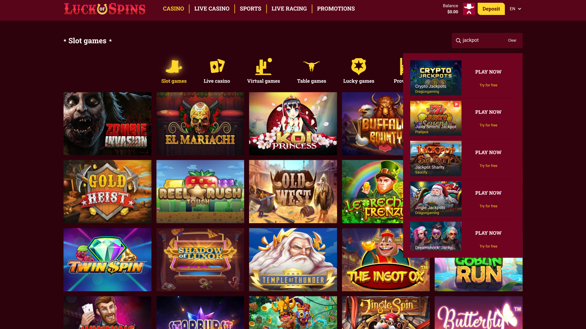 Jackpot du casino Luck Of Spins sur ordinateur