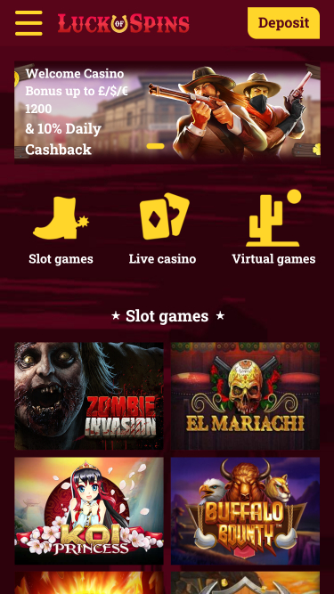 Page d'accueil mobile du casino Luck Of Spins