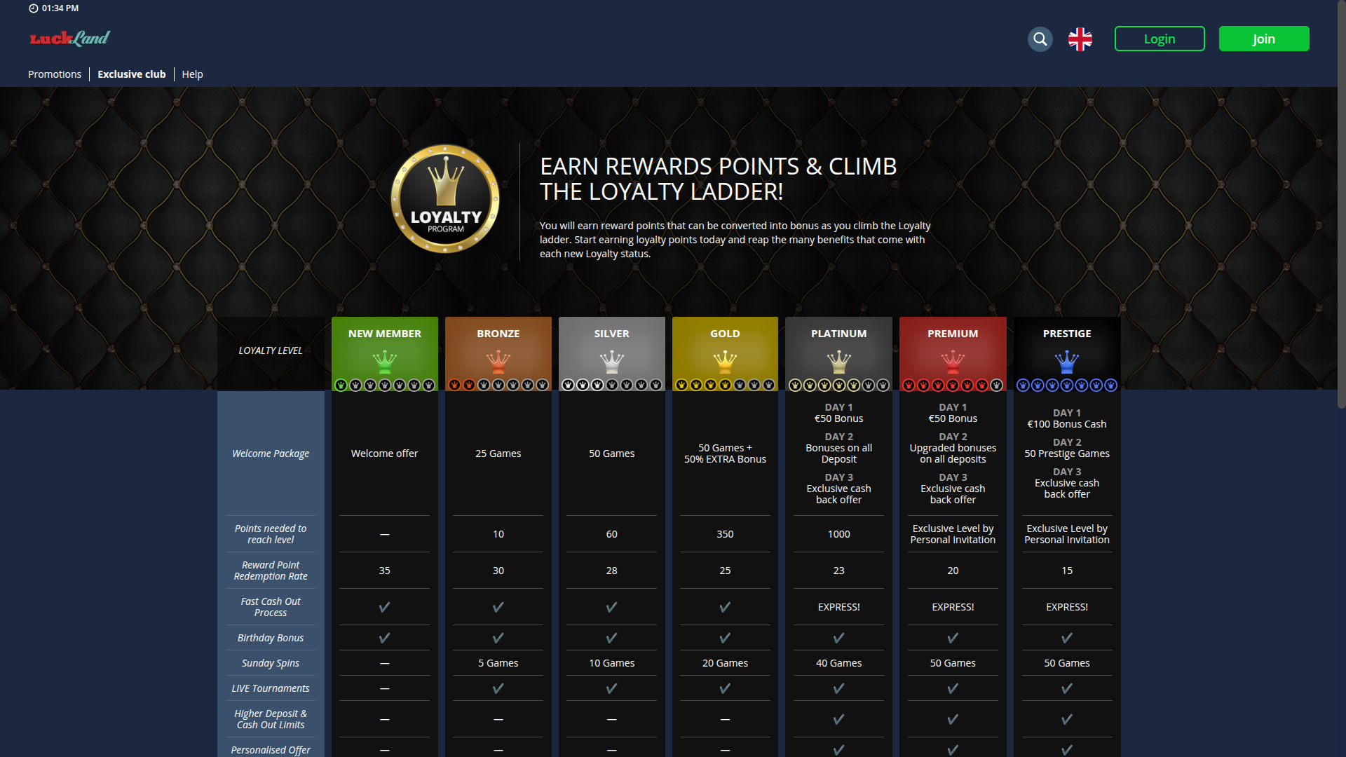 Programme VIP pour ordinateur de bureau du casino LuckLand