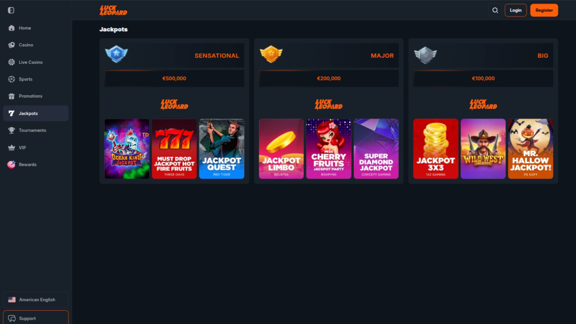 Capture d'écran de la page Jackpot du casino Luck Leopard