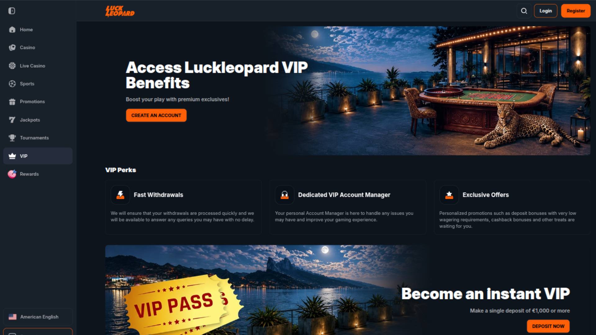 Capture d'écran de la page VIP du casino Luck Leopard