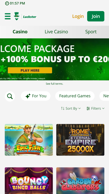 Page d'accueil mobile du casino Luckster