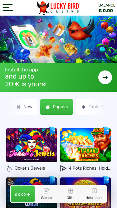 Page d'accueil mobile du casino Lucky Bird