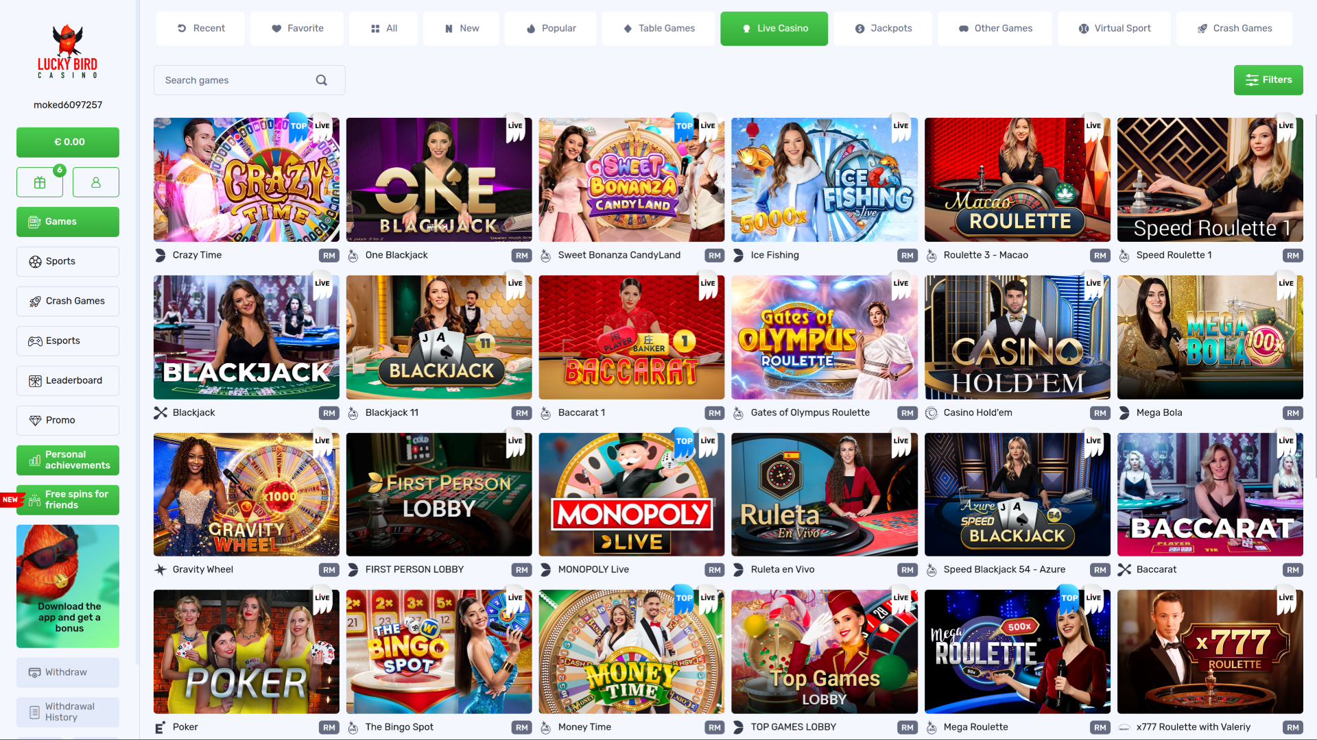 Casino Lucky Bird sur ordinateur avec croupier en direct