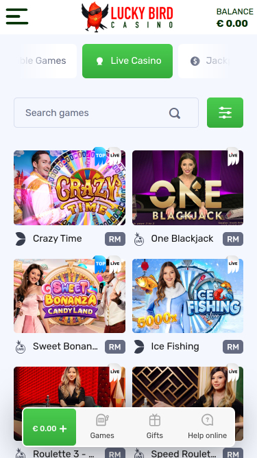 Casino mobile Lucky Bird avec croupier en direct
