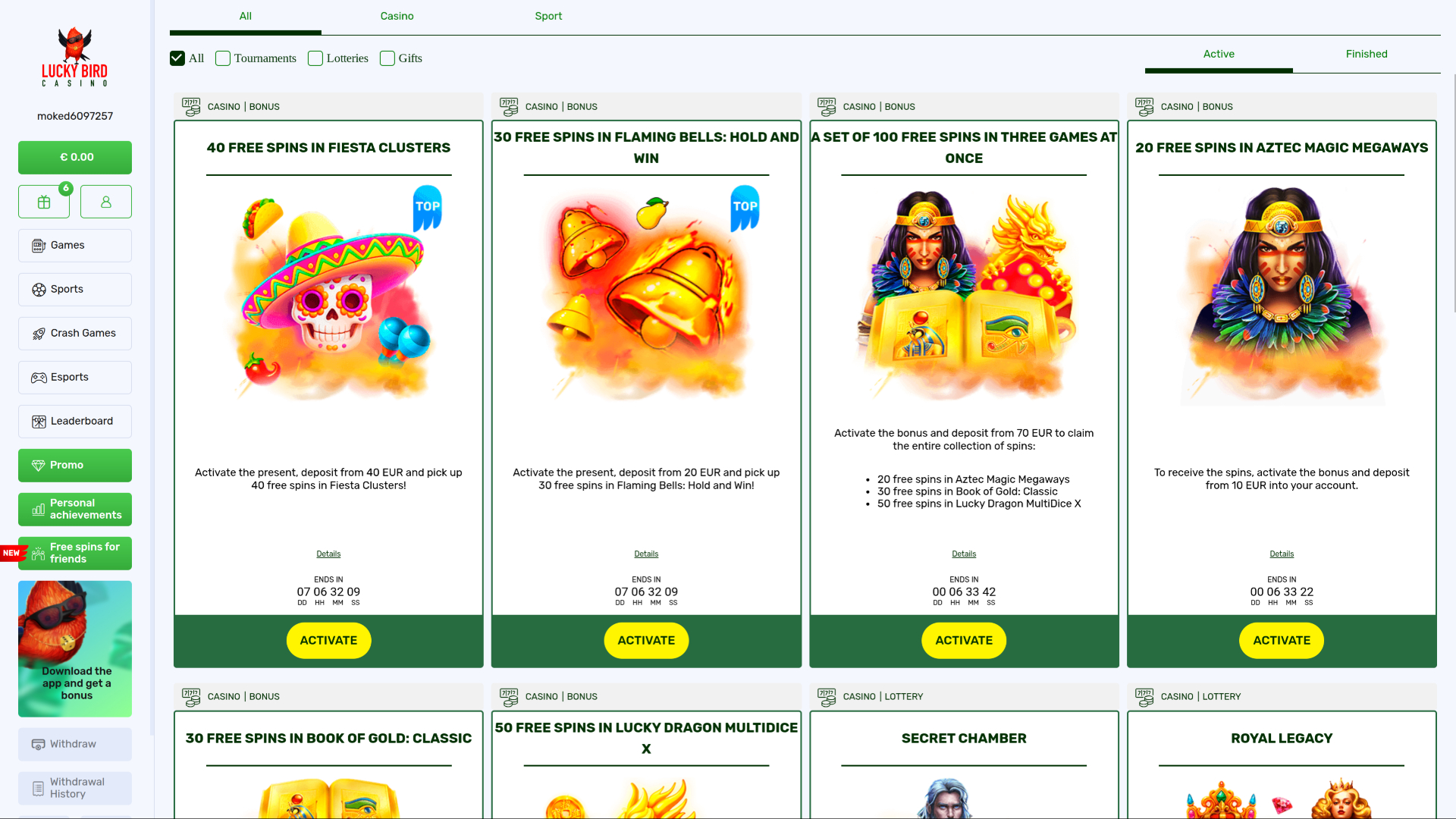 Promotions sur ordinateur du casino Lucky Bird