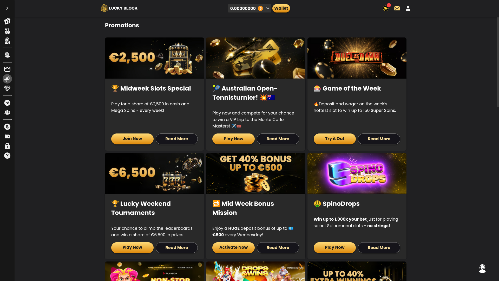 Promotions pour ordinateur de bureau du casino Lucky Block