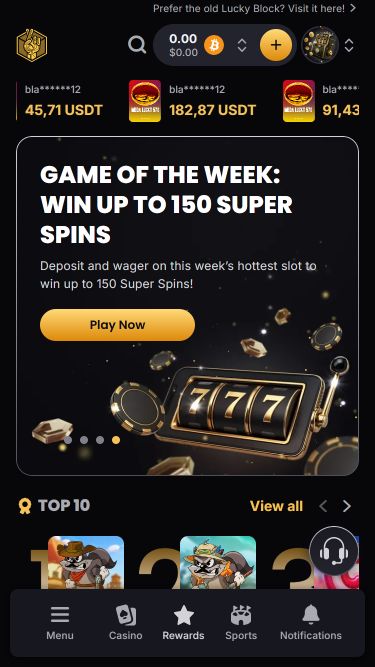 Página de inicio móvil de Lucky Block Casino