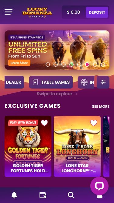 Домашняя страница мобильного приложения казино Lucky Bonanza