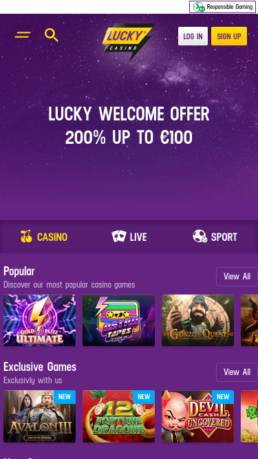 Page d'accueil mobile de Lucky Casino