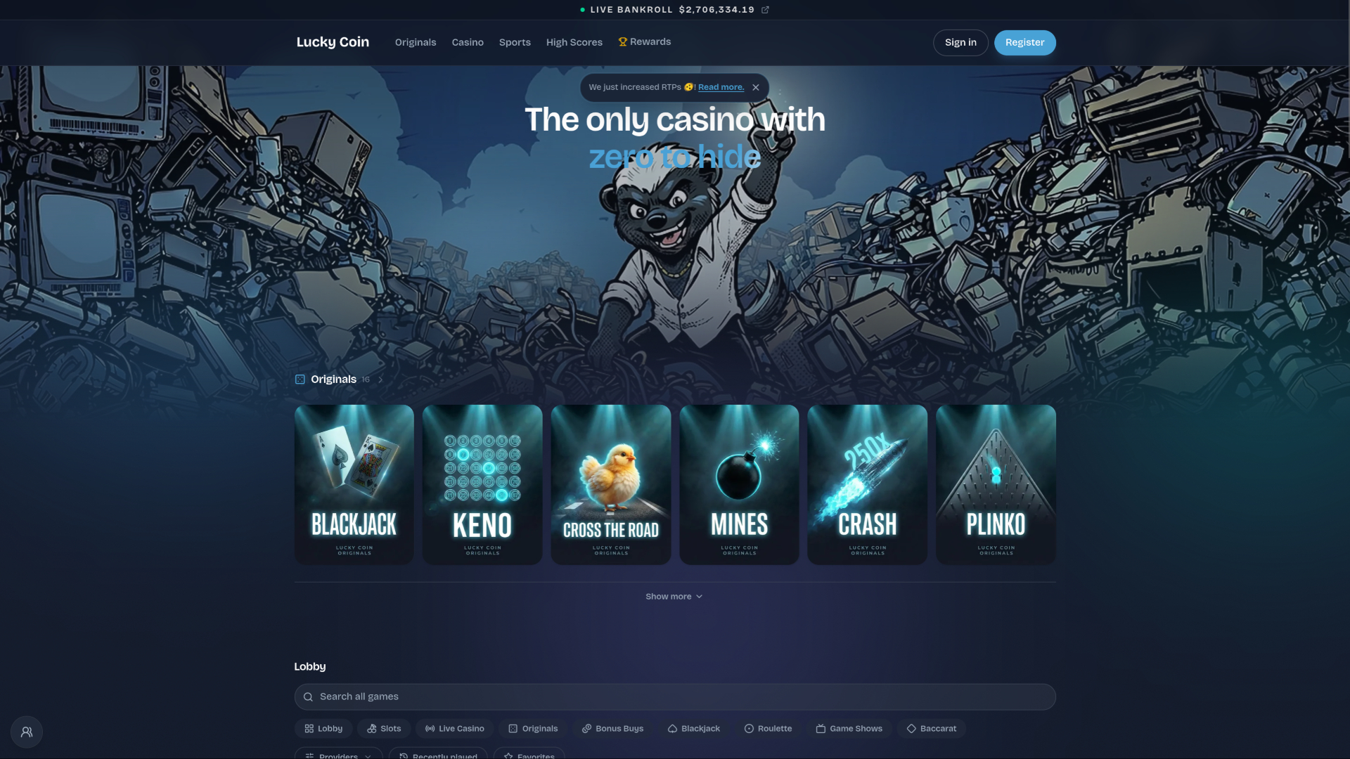 Lucky Coin Casino Desktop Homepage