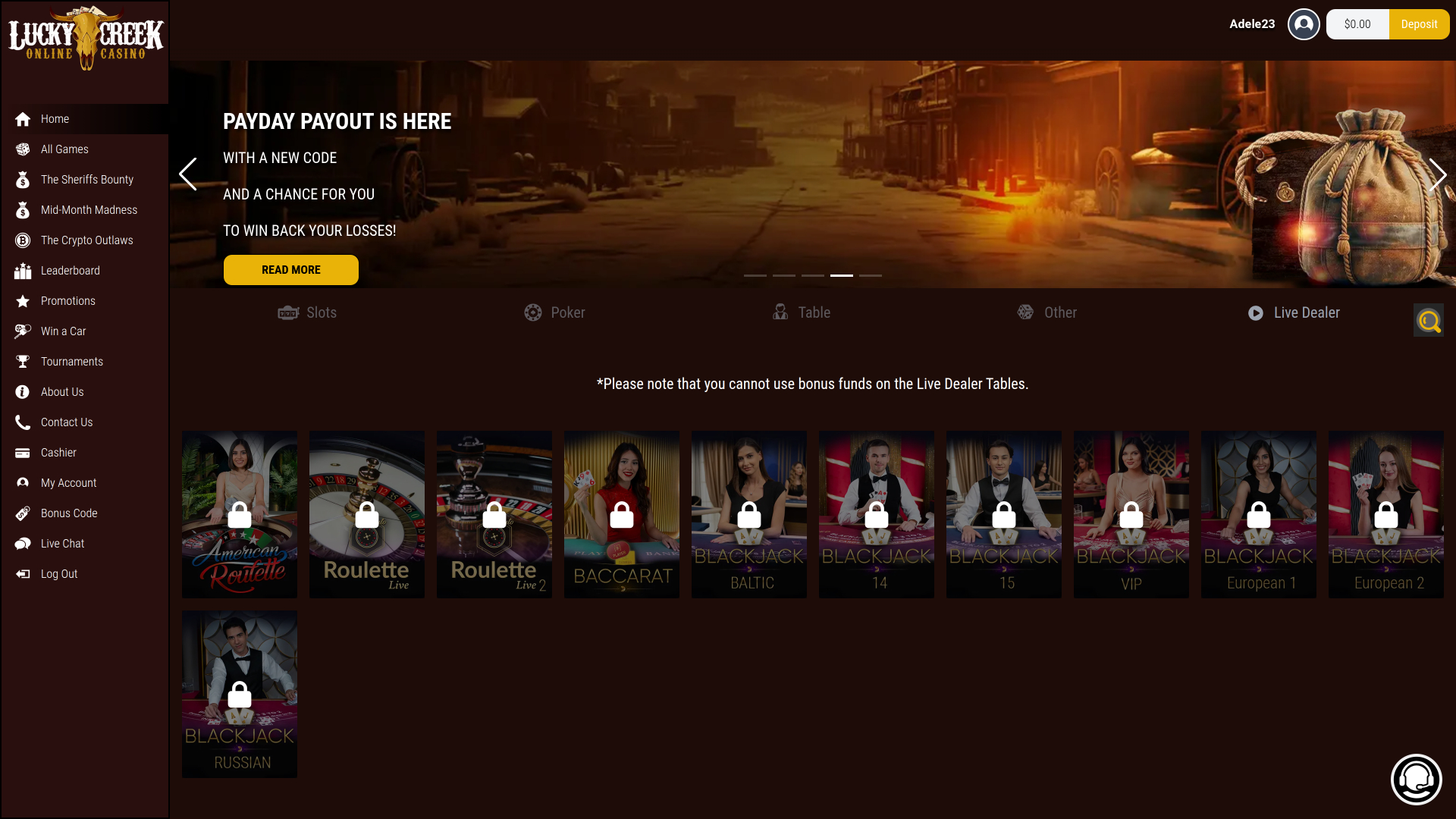 Lucky Creek Casino Desktop Live Dealer