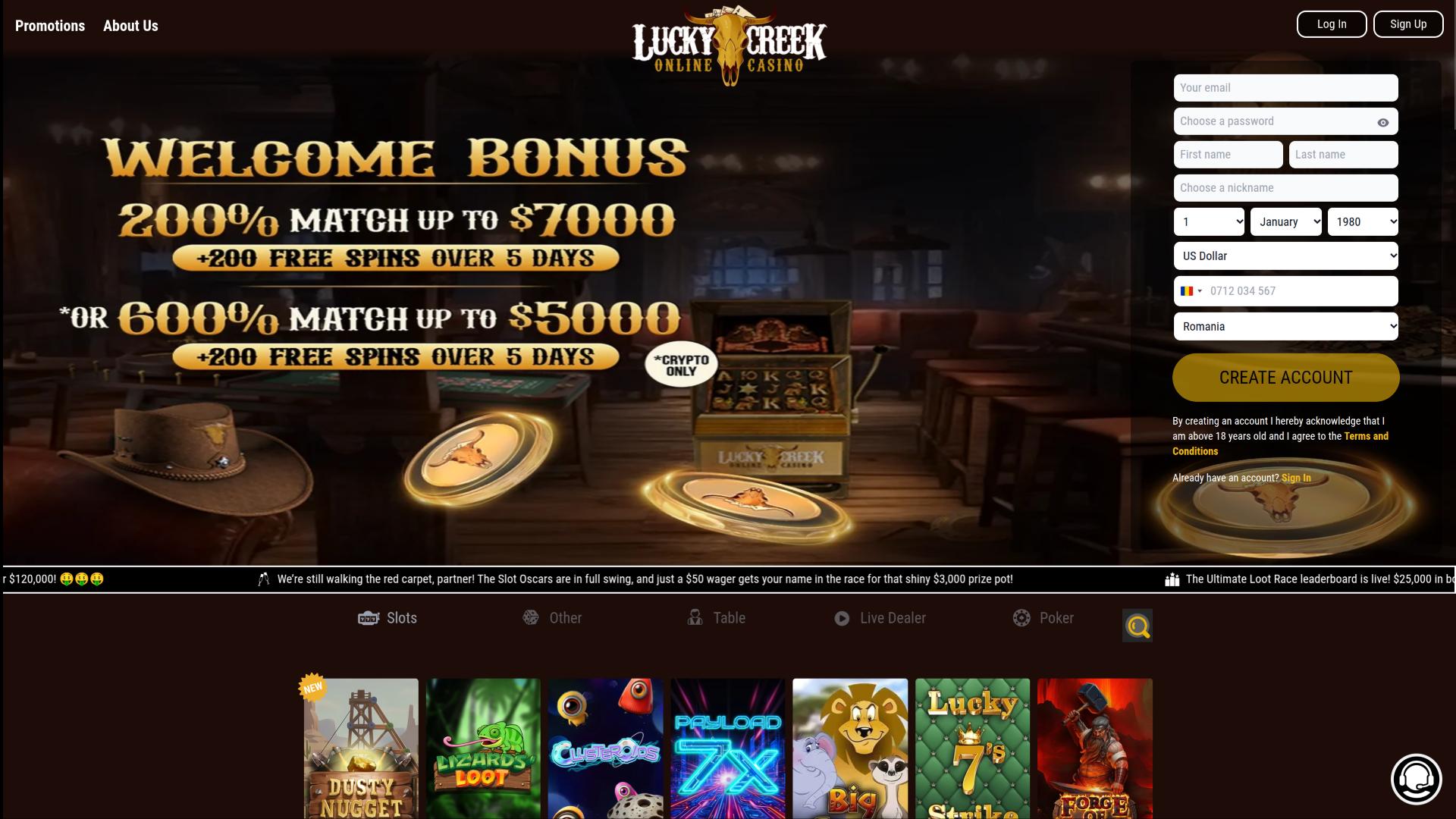 Página de inicio de Lucky Creek Casino para computadoras de escritorio