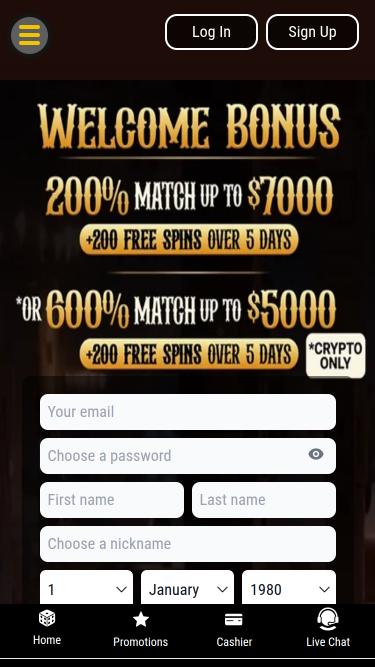 Página de inicio móvil de Lucky Creek Casino