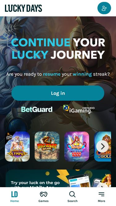 Page d'accueil mobile du casino Lucky Days