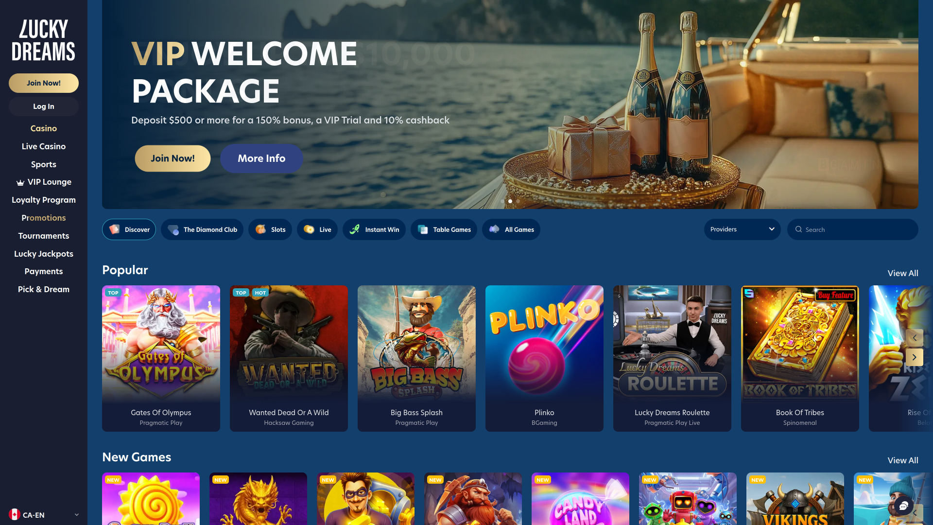 Page d'accueil du casino Lucky Dreams pour ordinateur