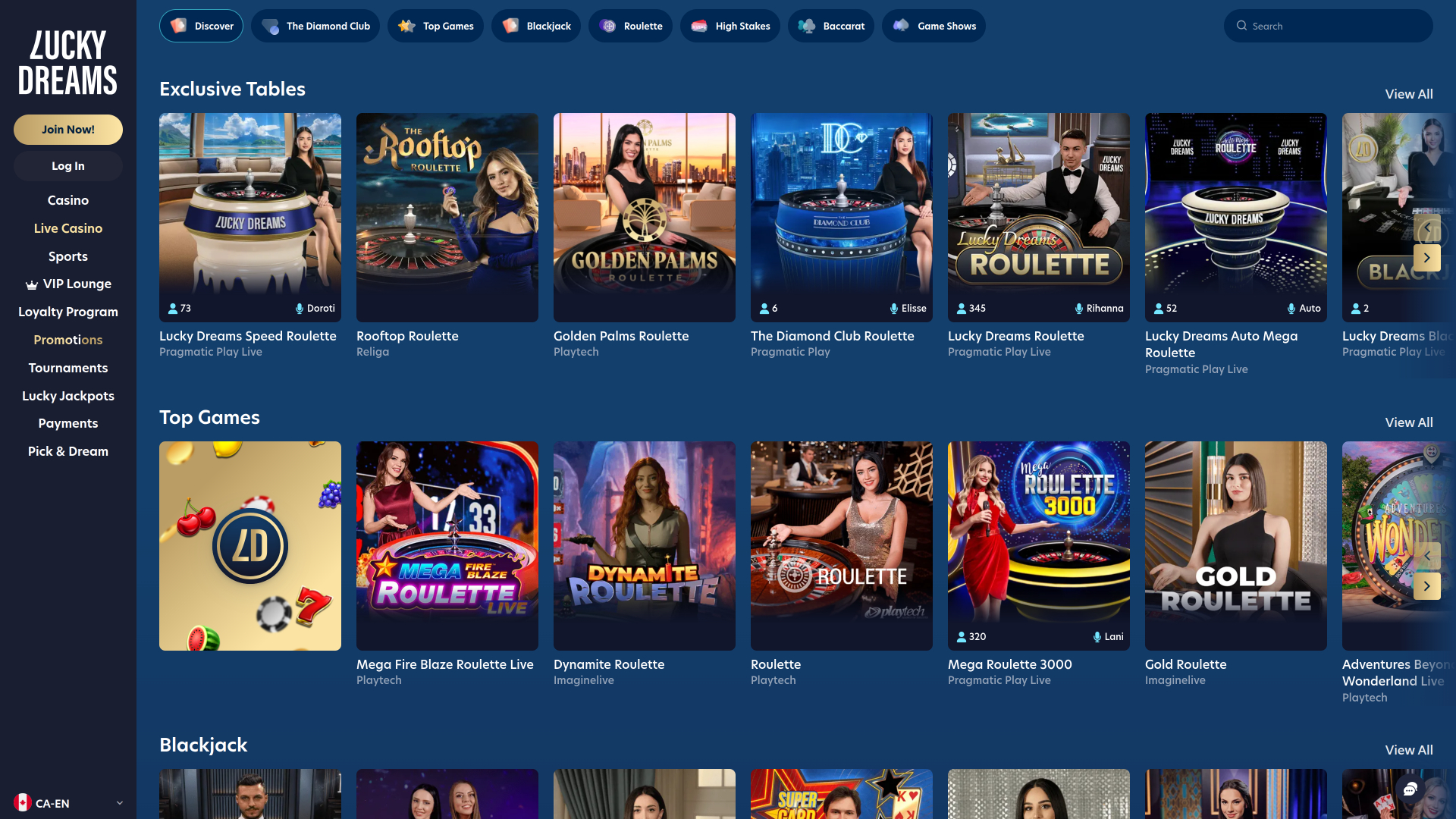 Casino Lucky Dreams sur ordinateur avec croupier en direct
