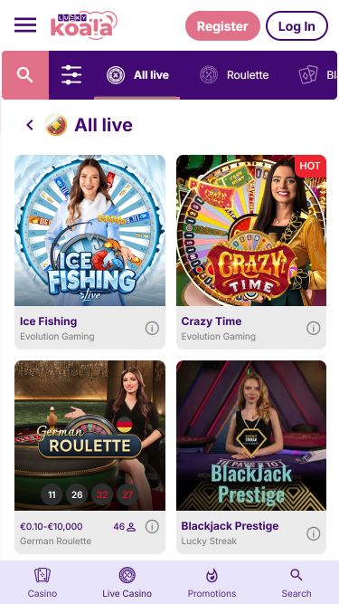 Lucky Koala Mobile Live-Casino