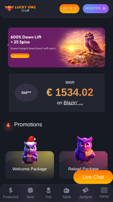 Page d'accueil mobile du Lucky Owl Club