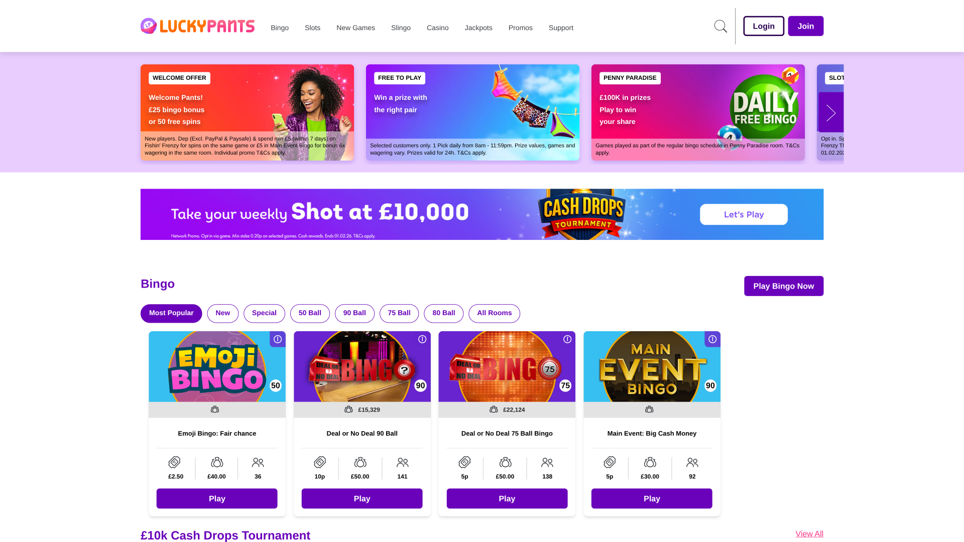 Page d'accueil de Lucky Pants Bingo pour ordinateur