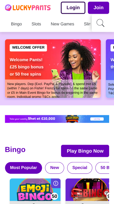 Page d'accueil mobile de Lucky Pants Bingo