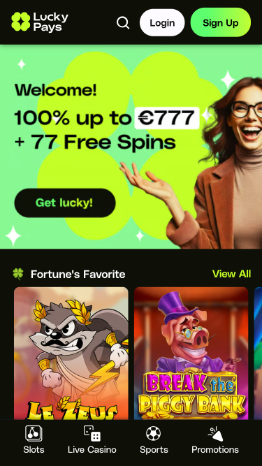 Lucky Pays Casino Mobile Homepage