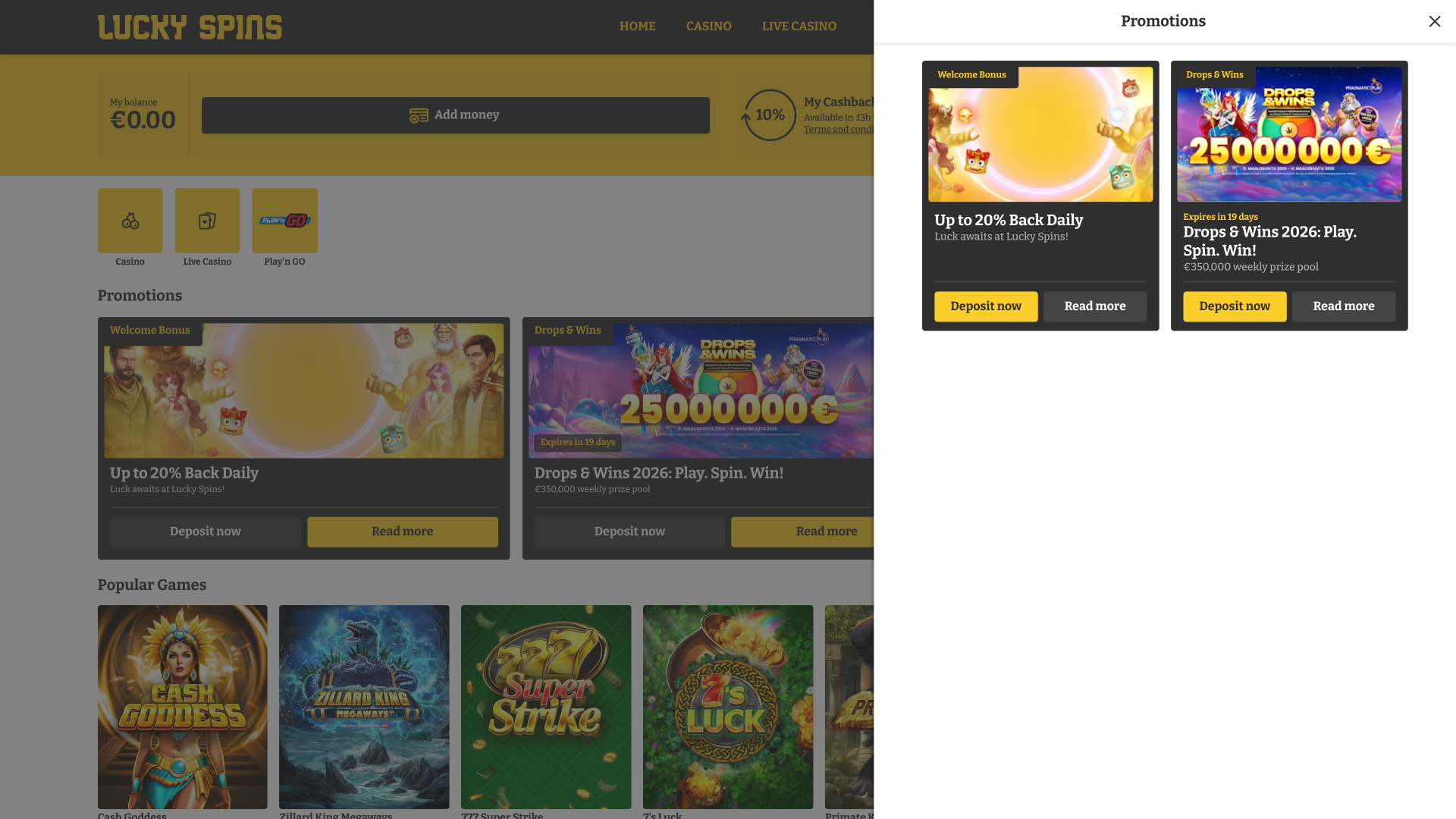 Promotions Lucky Spins sur ordinateur