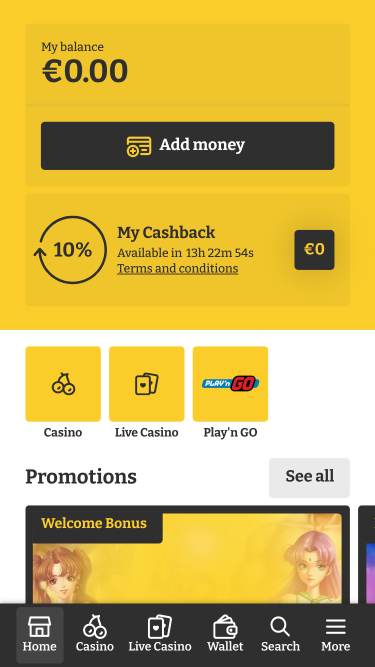 Page d'accueil mobile de Lucky Spins