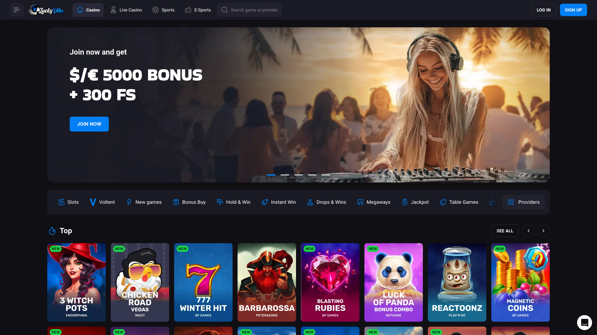 Page d'accueil du casino Lucky Vibe pour ordinateur