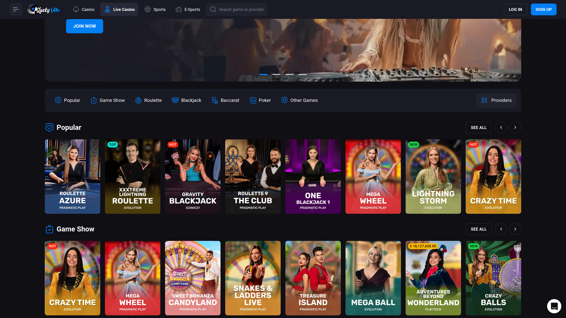 Casino Lucky Vibe pour ordinateur avec croupier en direct