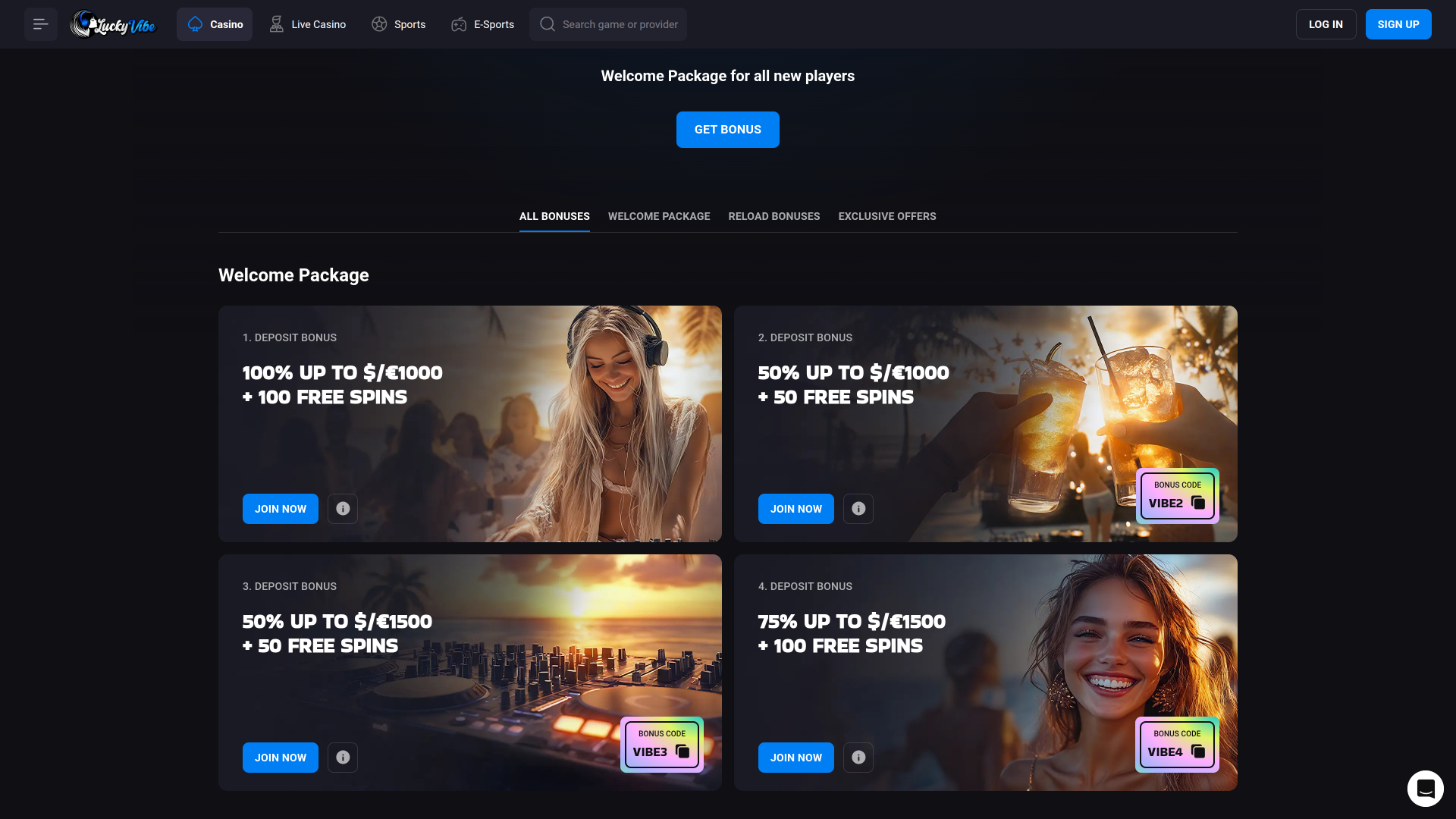 Promotions pour ordinateur de bureau du casino Lucky Vibe