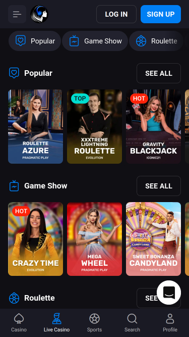 Casino mobile Lucky Vibe avec croupier en direct